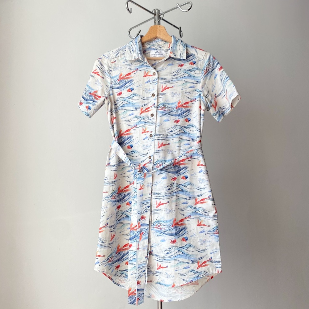☀️ Vintage Light Blue & Orange Ocean Pattern Artsy Short Sleeves Shirt Dress